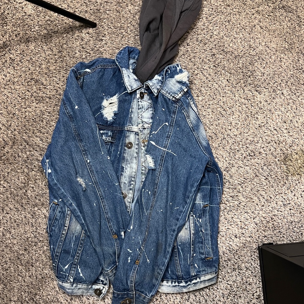 Distressed Paint-Splatter Denim Jacket - Blue
